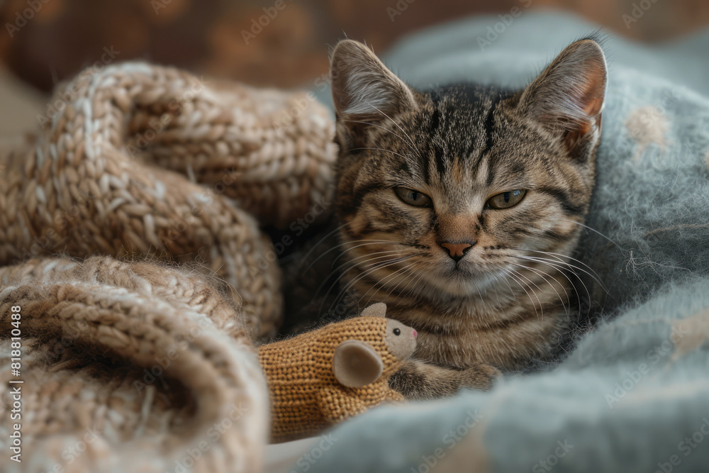 Poster a proud cat with a smug smile and slightly squinted eyes, sitting next to a defeated toy mouse,