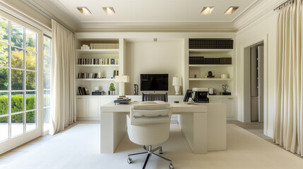 All White Modern Contemporary Home Office with Shelves Setup.