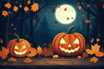 Immerse in a Halloween illustration, pumpkins gleaming under cold moonlight
