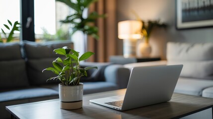 A well-organized work space with a healthy potted plant beside an open laptop on a wooden table in a warmly lit room - Powered by Adobe