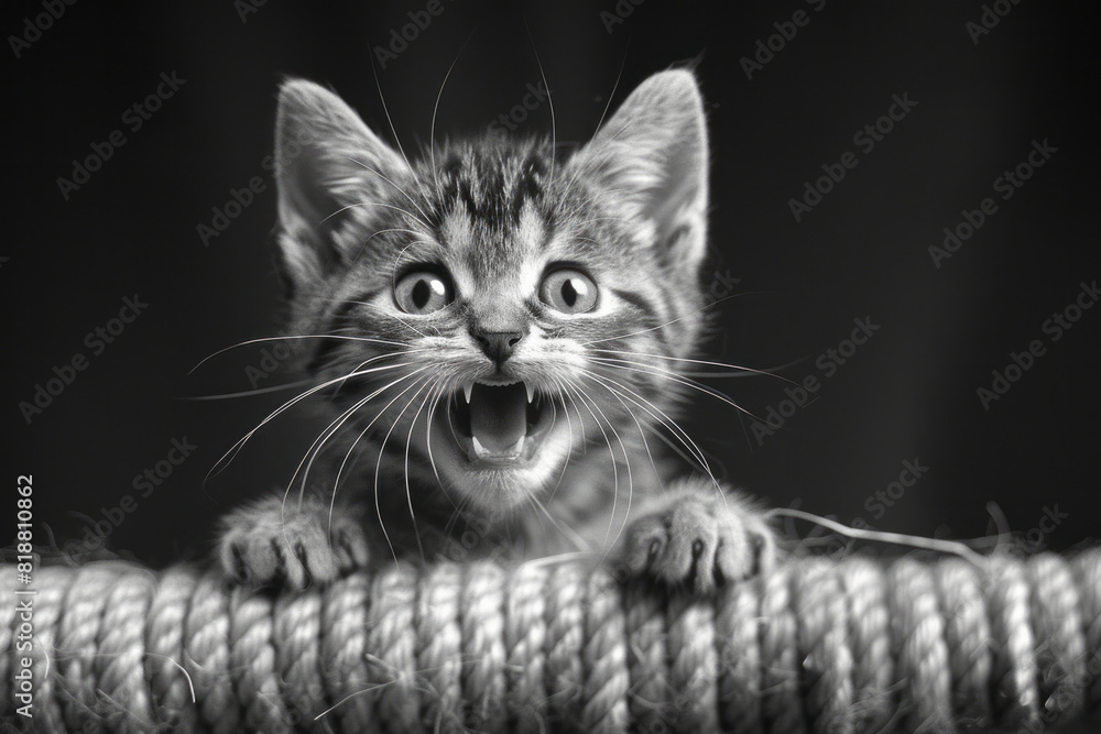 Poster a playful kitten with bright, eager eyes and a wide grin, pouncing on a piece of string,
