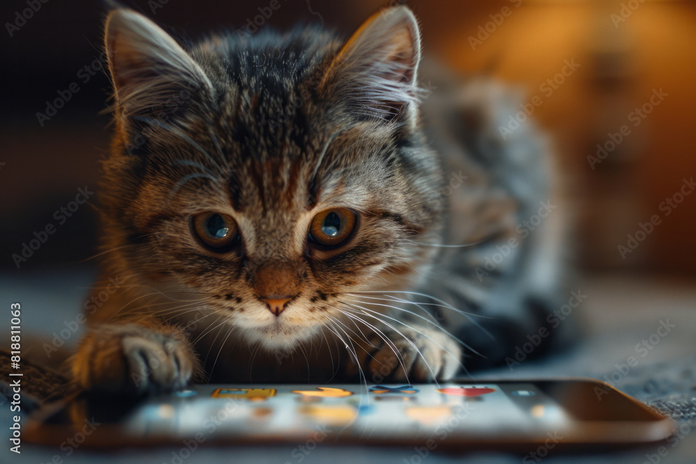 Poster A cat curiously tapping at a tablet screen, chasing a digital mouse in a game app,