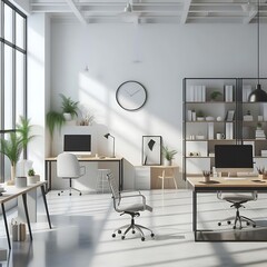 A office room with a mockup poster empty white and with a desk and computer in office realistic image color image.