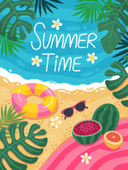 Summer time. Summer poster, banner, card. Sea coast, sandy beach. Holidays by the sea, relaxation, vacation concept. Lifebuoy, watermelon, fruits, sunglasses, tropical plants, flowers.