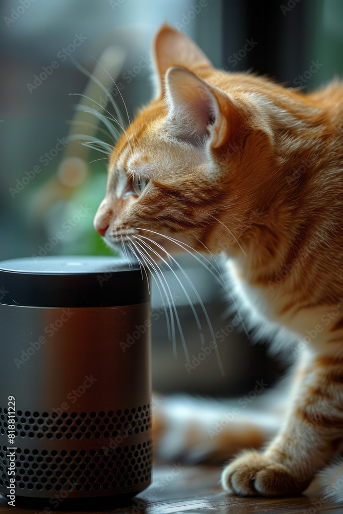 Aufkleber a curious cat sniffing a smart home assistant device, investigating the source of a voice,
