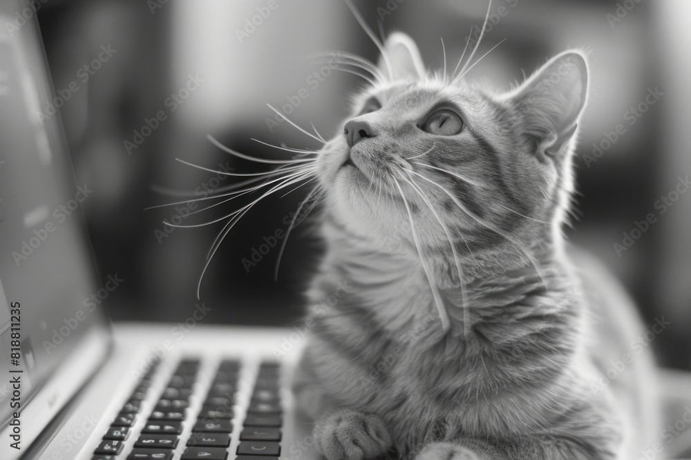 Poster a cat sitting on a laptop keyboard, looking up with a mischievous expression,