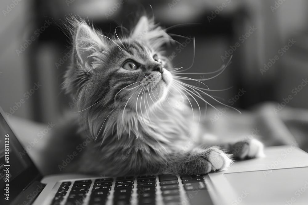 Poster A cat sitting on a laptop keyboard, looking up with a mischievous expression,