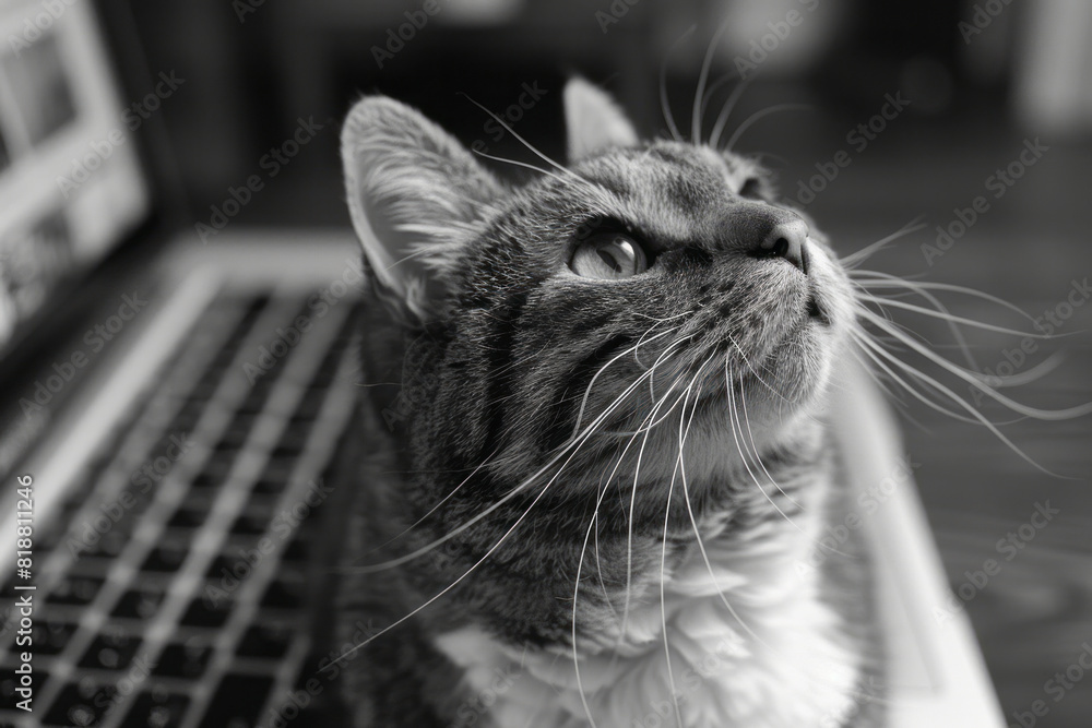 Poster a cat sitting on a laptop keyboard, looking up with a mischievous expression,