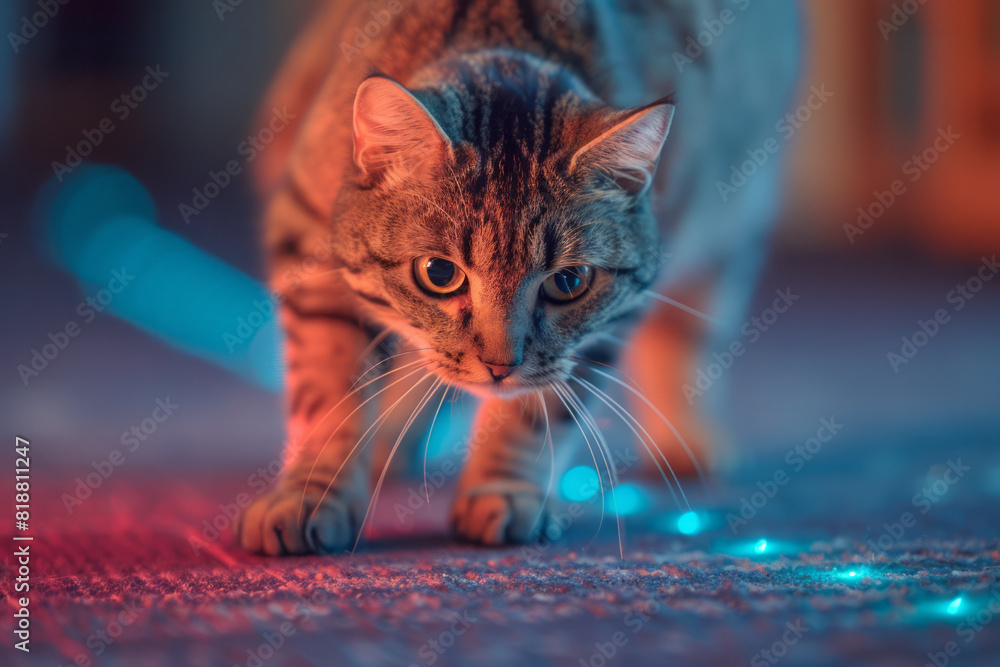 Poster A cat chasing a laser pointer controlled by a smartphone app, darting around the room,