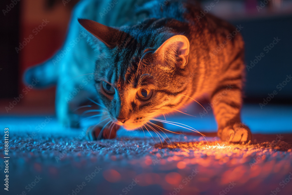 Poster A cat chasing a laser pointer controlled by a smartphone app, darting around the room,