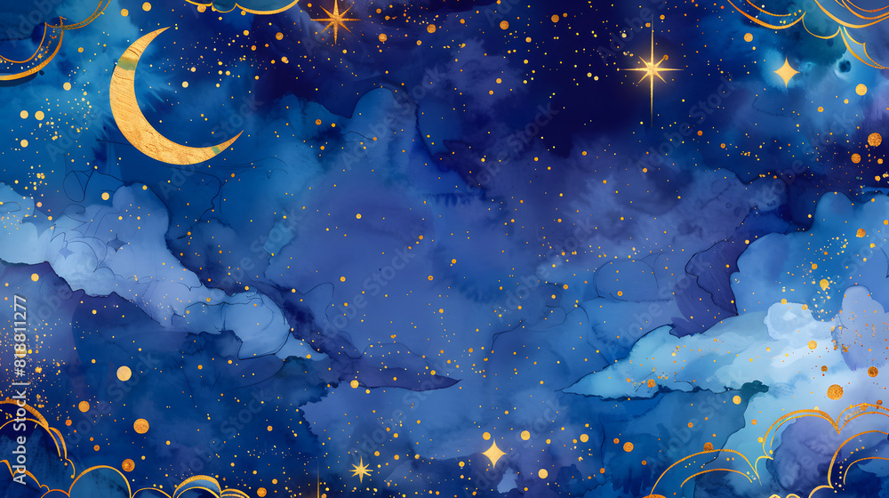 Wall mural cresent moon in starry night sky in watercolor illustration and geometric patterns for wallpaper and