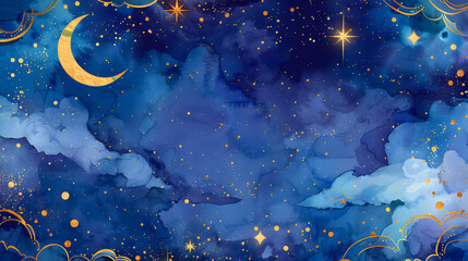 cresent moon in starry night sky in Watercolor illustration and geometric patterns for wallpaper and scrapbook