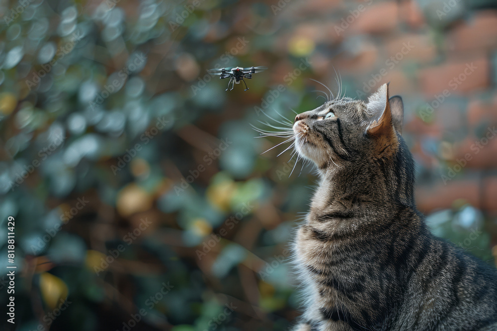 Poster A cat trying to catch a drone hovering just out of reach, jumping and swatting at it,