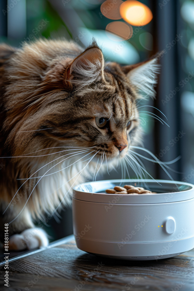 Poster a tech-savvy cat playing with an interactive feeder that dispenses treats via a mobile app,