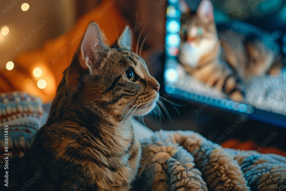 Aufkleber a cat watching a livestream of another cat on a computer monitor, tilting its head in curiosity,