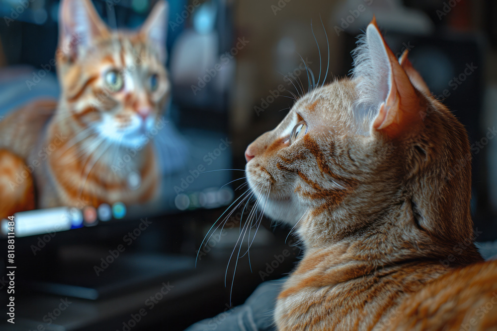 Poster a cat watching a livestream of another cat on a computer monitor, tilting its head in curiosity,