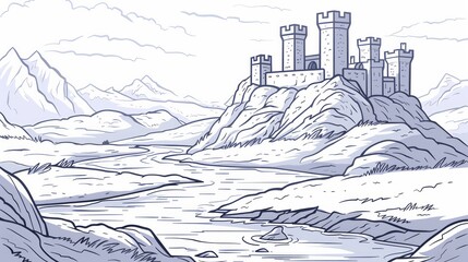An elegant line art drawing of a majestic castle perched atop a hill, surrounded by rolling hills and a meandering river, suitable for home dÃ©cor and stationery products.