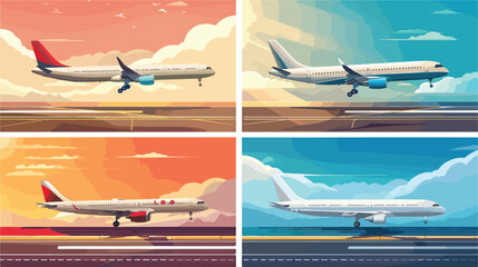Four of horizontal banners with airplanes flying abov