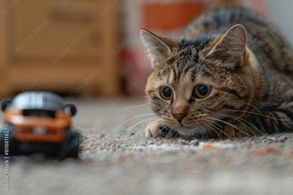 Poster a cat playing with a motorized toy that moves unpredictably, controlled via a smartphone,