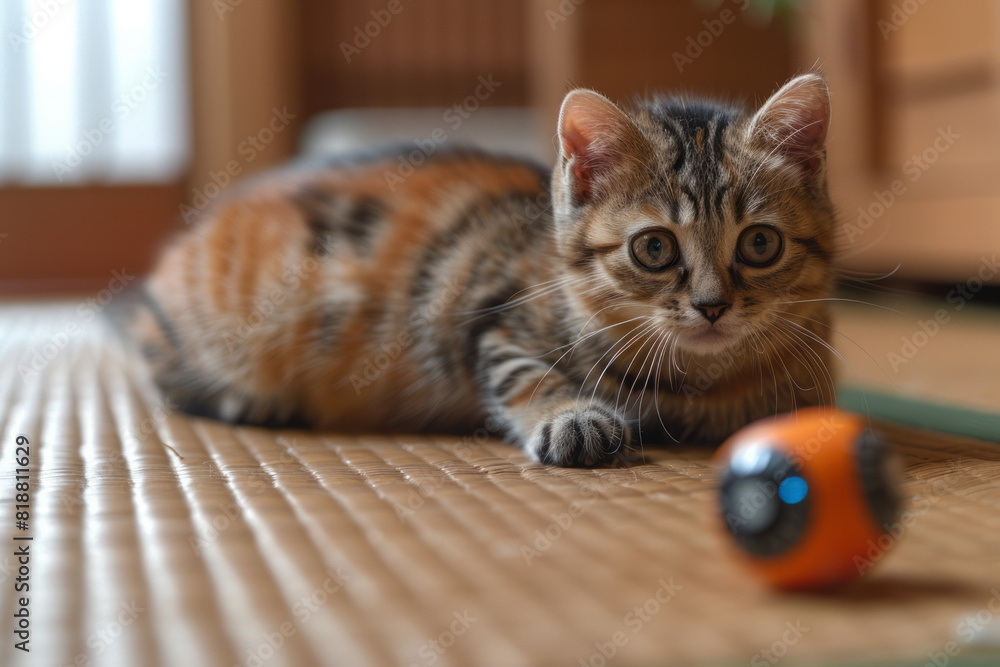 Aufkleber a cat playing with a motorized toy that moves unpredictably, controlled via a smartphone,