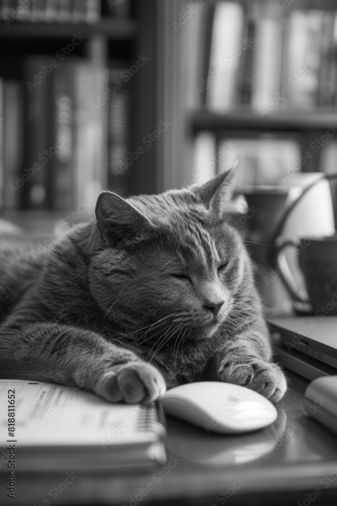 Poster A cat lounging on a desk, pawing at a wireless mouse, causing the cursor to move erratically,