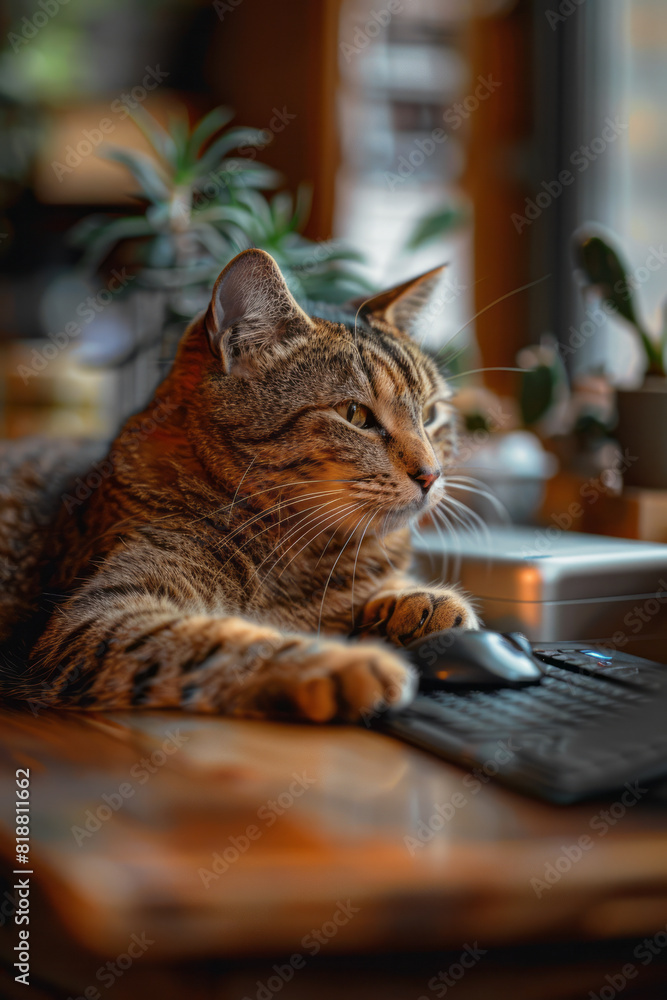 Poster A cat lounging on a desk, pawing at a wireless mouse, causing the cursor to move erratically,