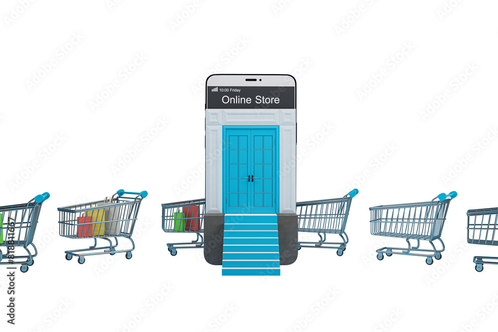 Poster illustration of a smartphone with a store facade on screen and shopping carts on an isolated white b