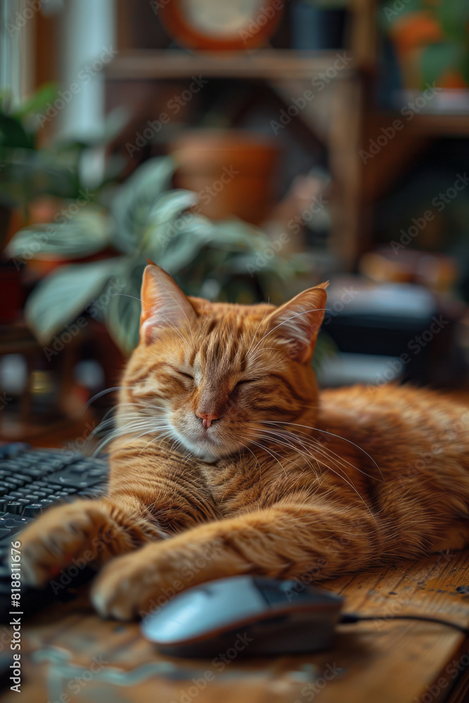 Poster A cat lounging on a desk, pawing at a wireless mouse, causing the cursor to move erratically,
