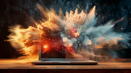 Broken computer front view on flat colored background. Exploding laptop screen, creative banner concept for tech repair shop, computer wizard.