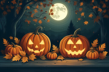 Immerse in a Halloween illustration, pumpkins gleaming under cold moonlight