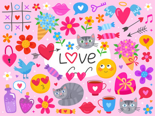 Colorful icons of love and romantic theme. Love and romantic doodle set. Cats, flowers, candies, bouquet, birds, glasses, arrows, tic tac toe, giftbox. Valentines day. Elements for cards, patterns.