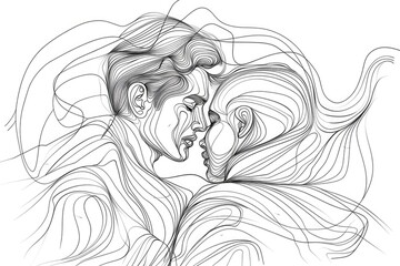 Abstract one line art drawing of a woman leaning on a man's chest, one line art smooth lines drawing