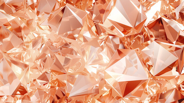 3d render, abstract rose gold crystal background, faceted copper metallic texture, macro panorama, wide panoramic polygonal wallpaper