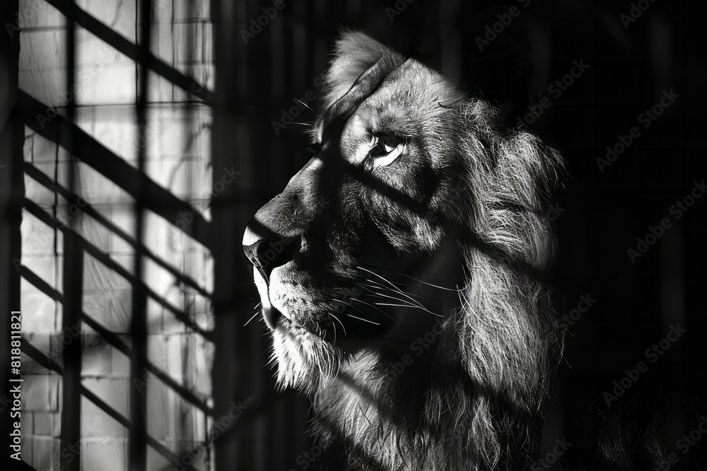 Poster illustration of a majestic lion whose shadow is cast through the bars of a cage, creating an abstrac