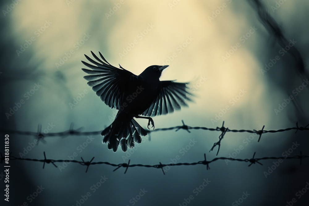 Poster Dynamic image of a bird in flight, with its silhouette fragmented by a network of fine wires, symbolizing restricted freedom,