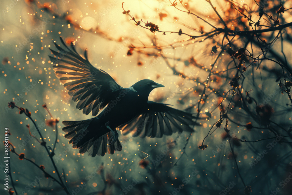 Poster Dynamic image of a bird in flight, with its silhouette fragmented by a network of fine wires, symbolizing restricted freedom,
