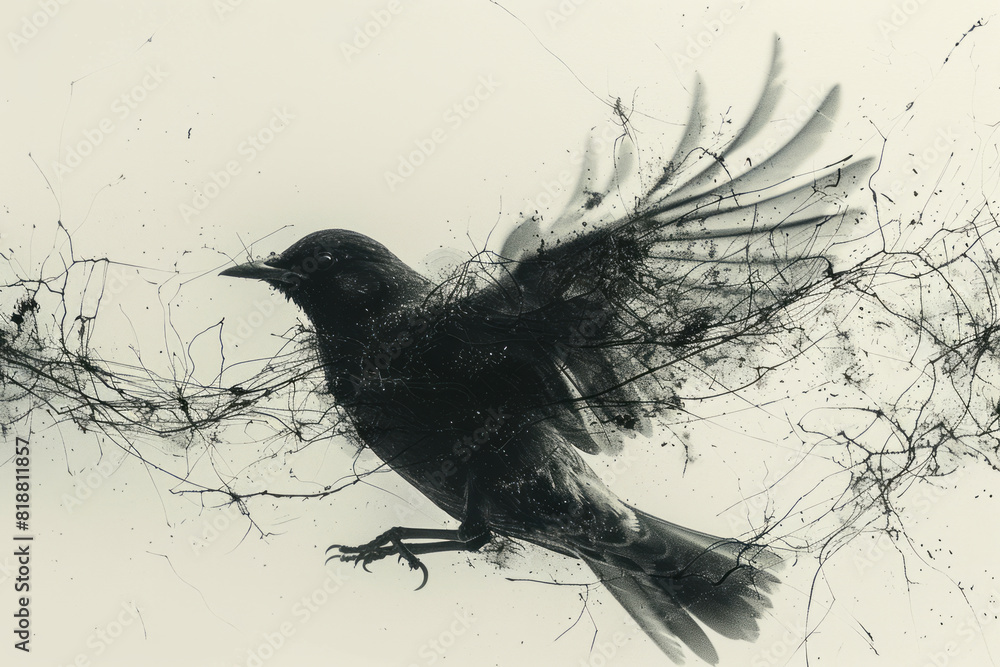 Poster Dynamic image of a bird in flight, with its silhouette fragmented by a network of fine wires, symbolizing restricted freedom,