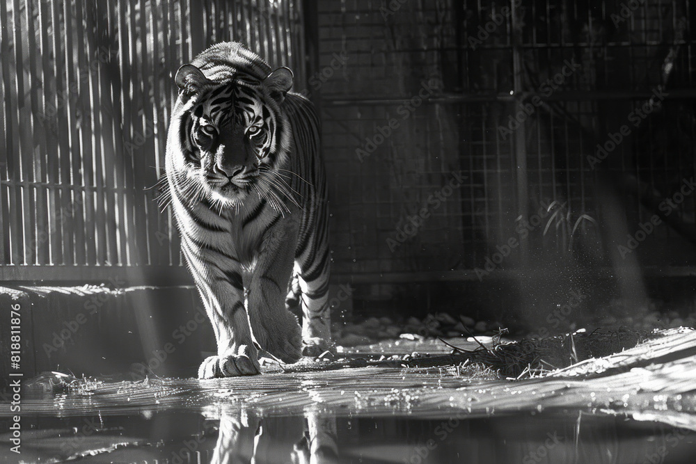 Aufkleber artistic depiction of a tiger pacing back and forth, with its reflection fractured by the shadows of