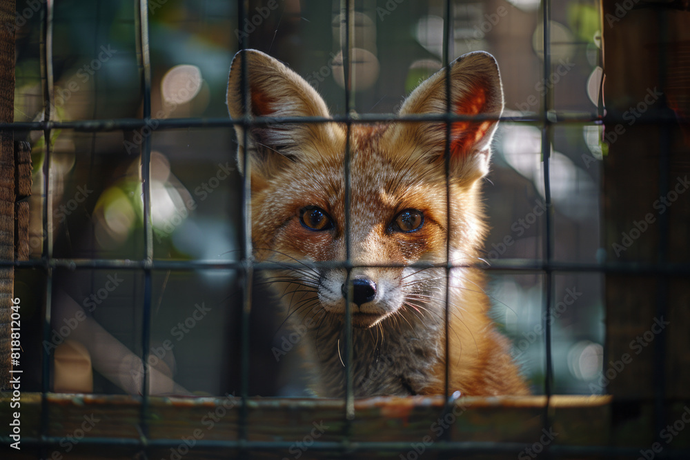 Poster Dynamic image of a fox trapped within a garden fence, its shadow casting a web-like pattern of restriction,