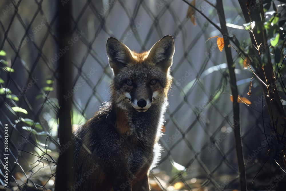 Poster Dynamic image of a fox trapped within a garden fence, its shadow casting a web-like pattern of restriction,