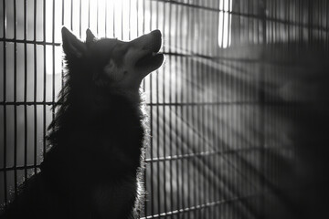 Scene of a wolf howling, its silhouette broken by the crisscrossing lines of a wire mesh, symbolizing isolation,