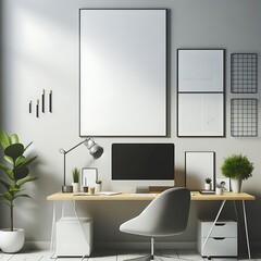 A computer on a desk with a chair and a plant on the wall meaning used for printing has illustrative lively.