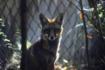 Dynamic image of a fox trapped within a garden fence, its shadow casting a web-like pattern of restriction,