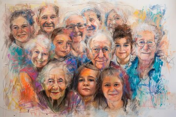 family multigenerational love joy celebration diversity togetherness bonding expressive pastel drawing people 