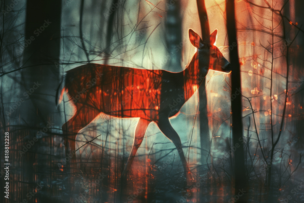 Aufkleber Artistic depiction of a deer in a forest, its form fragmented by the shadows of tree branches arranged like a cage,