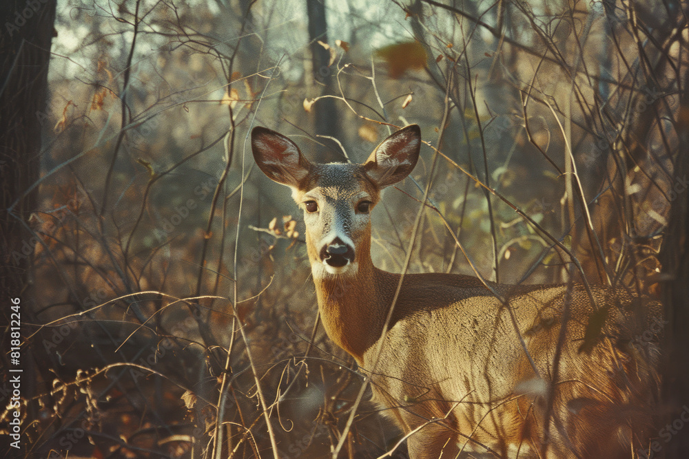 Poster Artistic depiction of a deer in a forest, its form fragmented by the shadows of tree branches arranged like a cage,