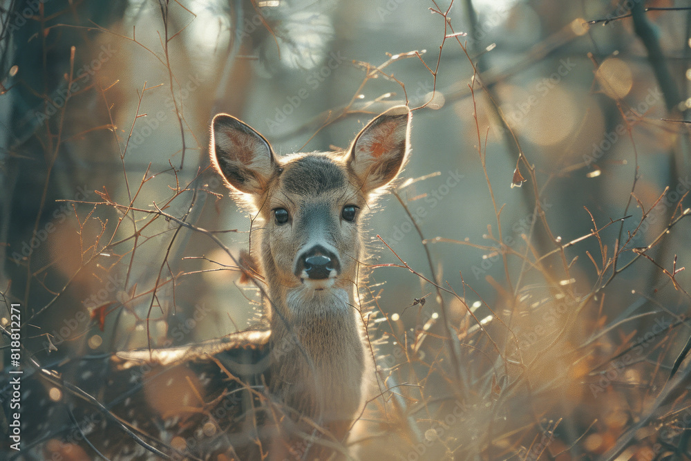 Poster Artistic depiction of a deer in a forest, its form fragmented by the shadows of tree branches arranged like a cage,