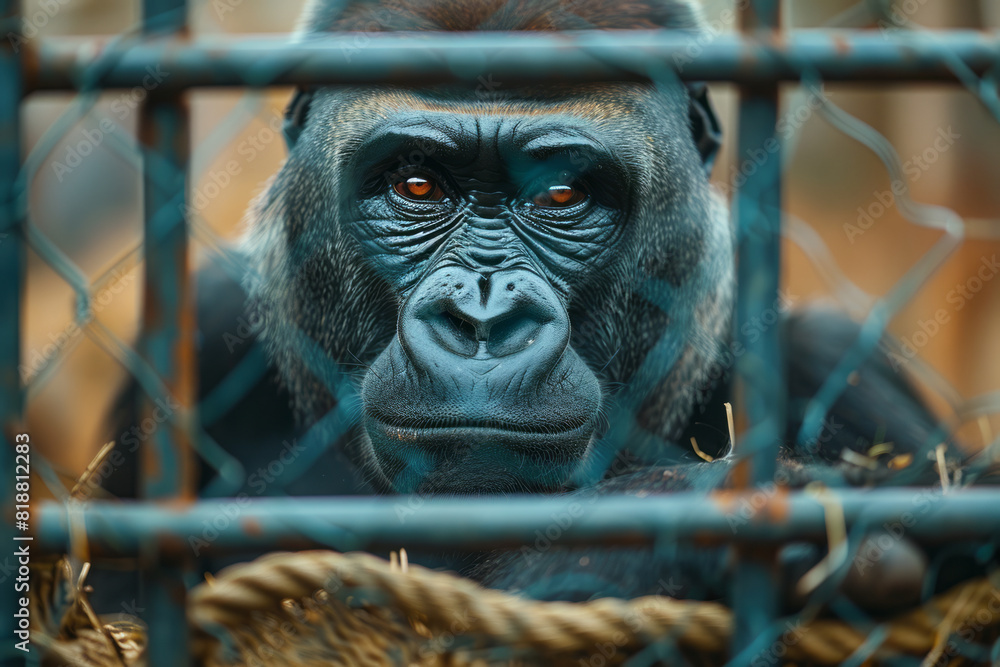 Leinwandbilder Scene of a gorilla behind the bars of a zoo enclosure, its reflection distorted by the grid pattern of the cage,