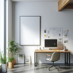 A computer on a desk in a work room space  with a mockup poster empty white and with a plant and a poster on the wall meaning used for printing art harmony.