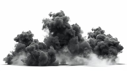 Black realistic smoke and dust clouds isolated on a white background, depicting dirty polluted smog or fog, air pollution, and smoke from fire or explosion, vector illustration